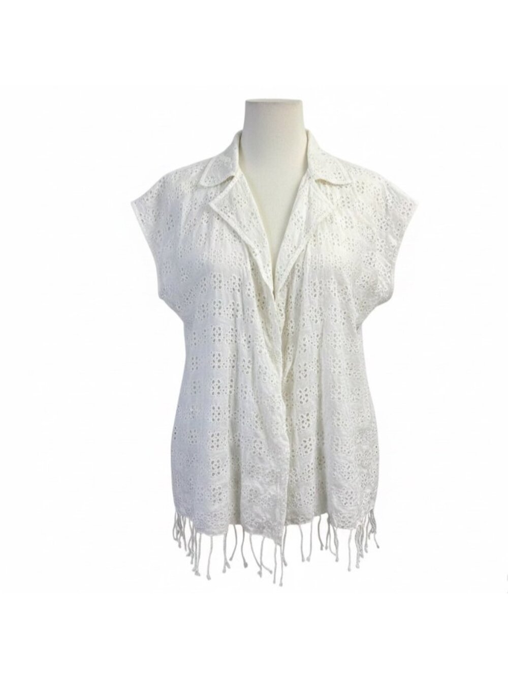 J.Crew Womens White  Sleeveless Eyelet Top With Fringe Hem Sz M-L